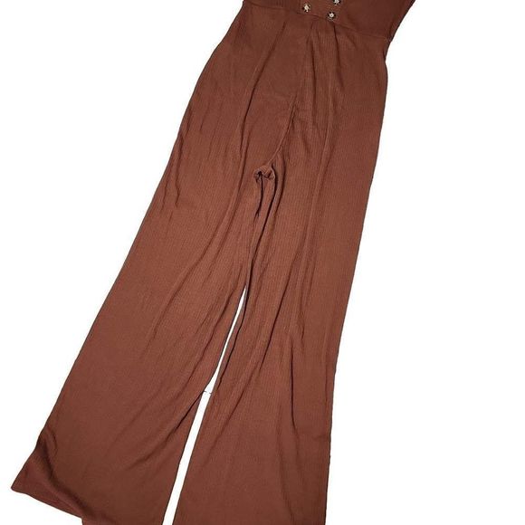 Urban outfitters deep v brown ribbed short sleeve flare leg jumpsuit - Picture 6 of 8